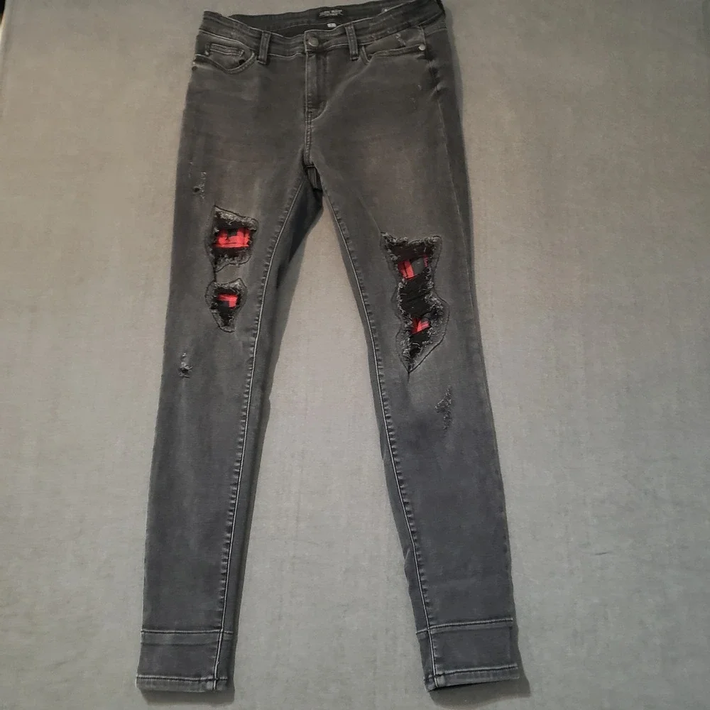 Judy Blue Skinny Jeans Womens 11/30 Black‎ Distressed Buffalo Plaid Patch
